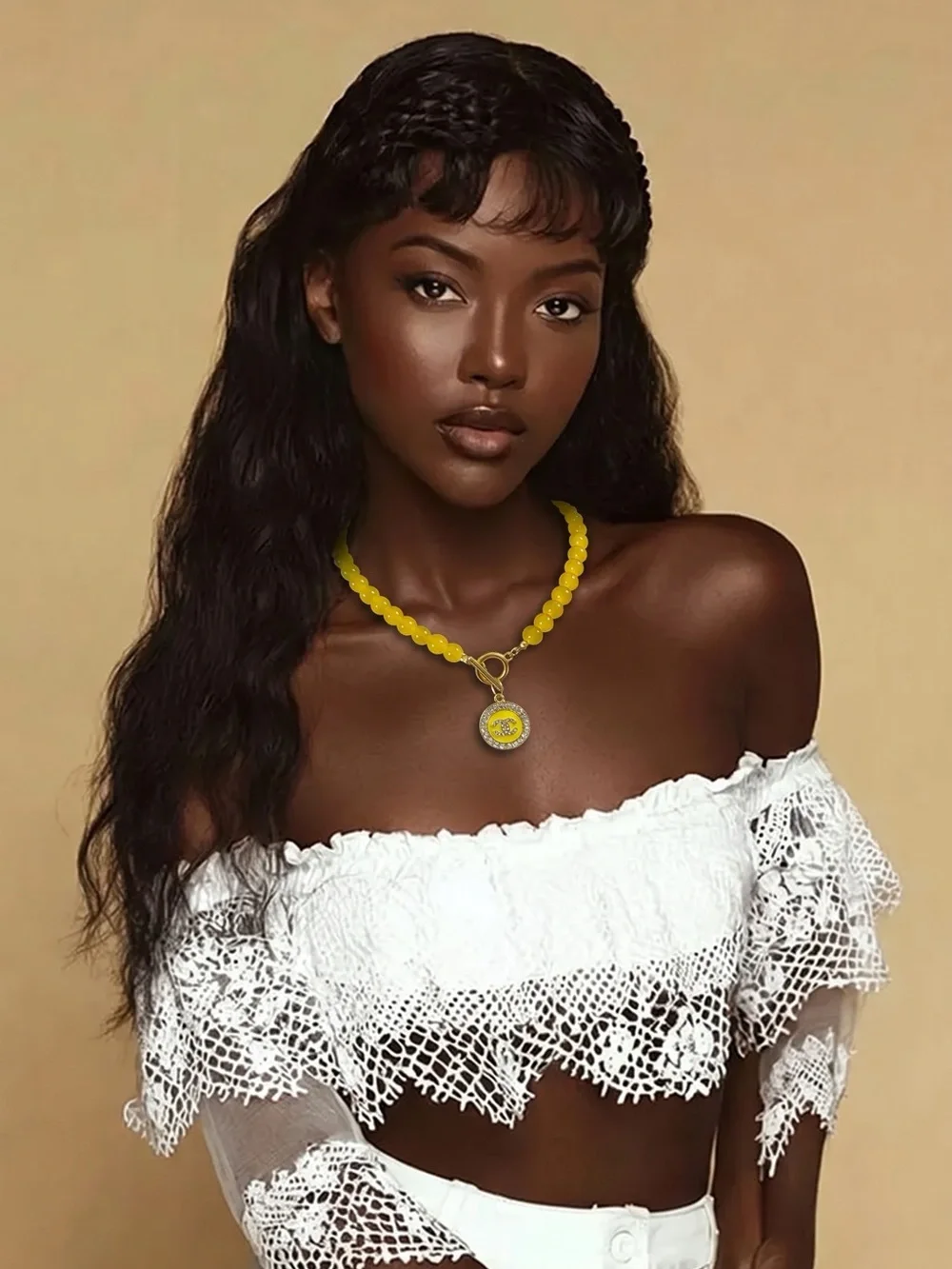 Yellow Beaded Pendant Necklace with Gold Accents
